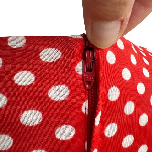 Vintage Womens Red & White Polka Dot V Neck Tie Waist Sleeveless Midi Dress - Picture 9 of 11